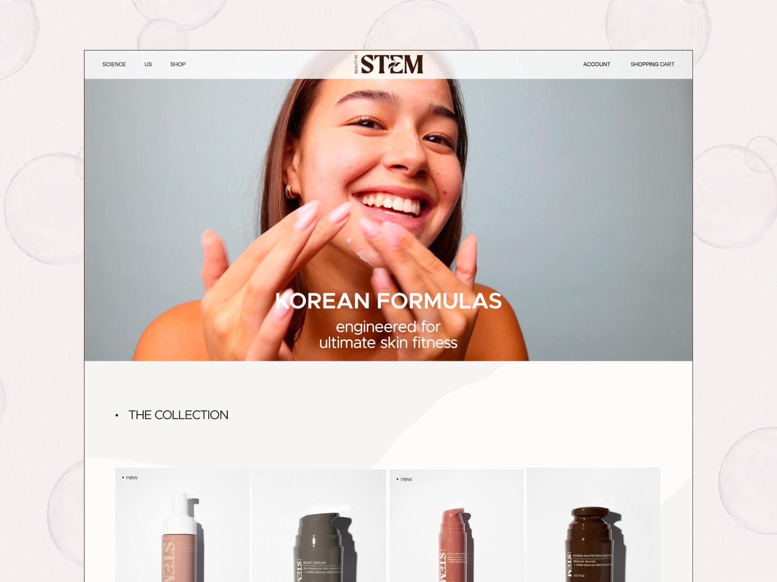 Skincare brand website with a clean hero and product collection